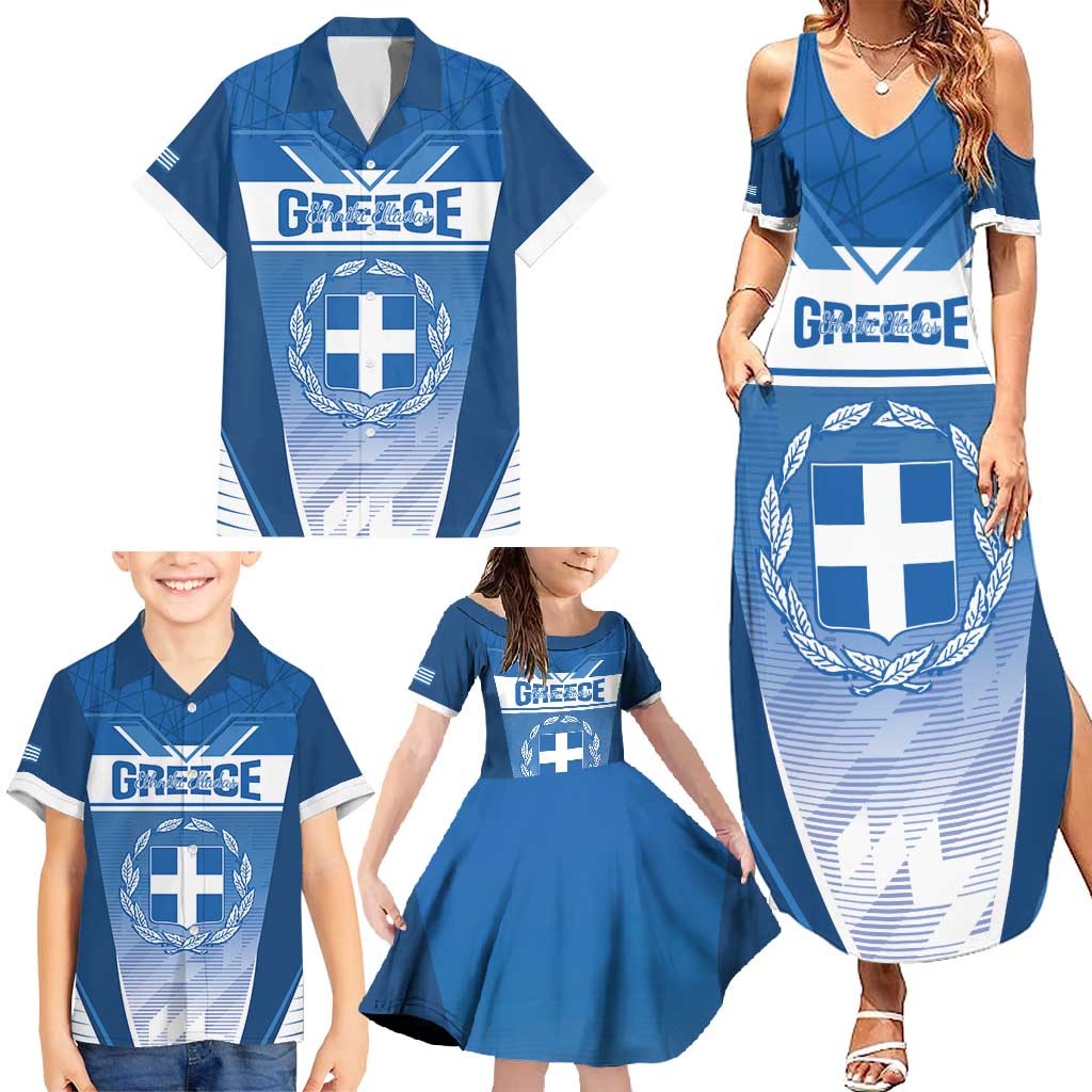 Custom Greece Football Family Matching Summer Maxi Dress and Hawaiian Shirt Go Ethniki Coat Of Arms Style