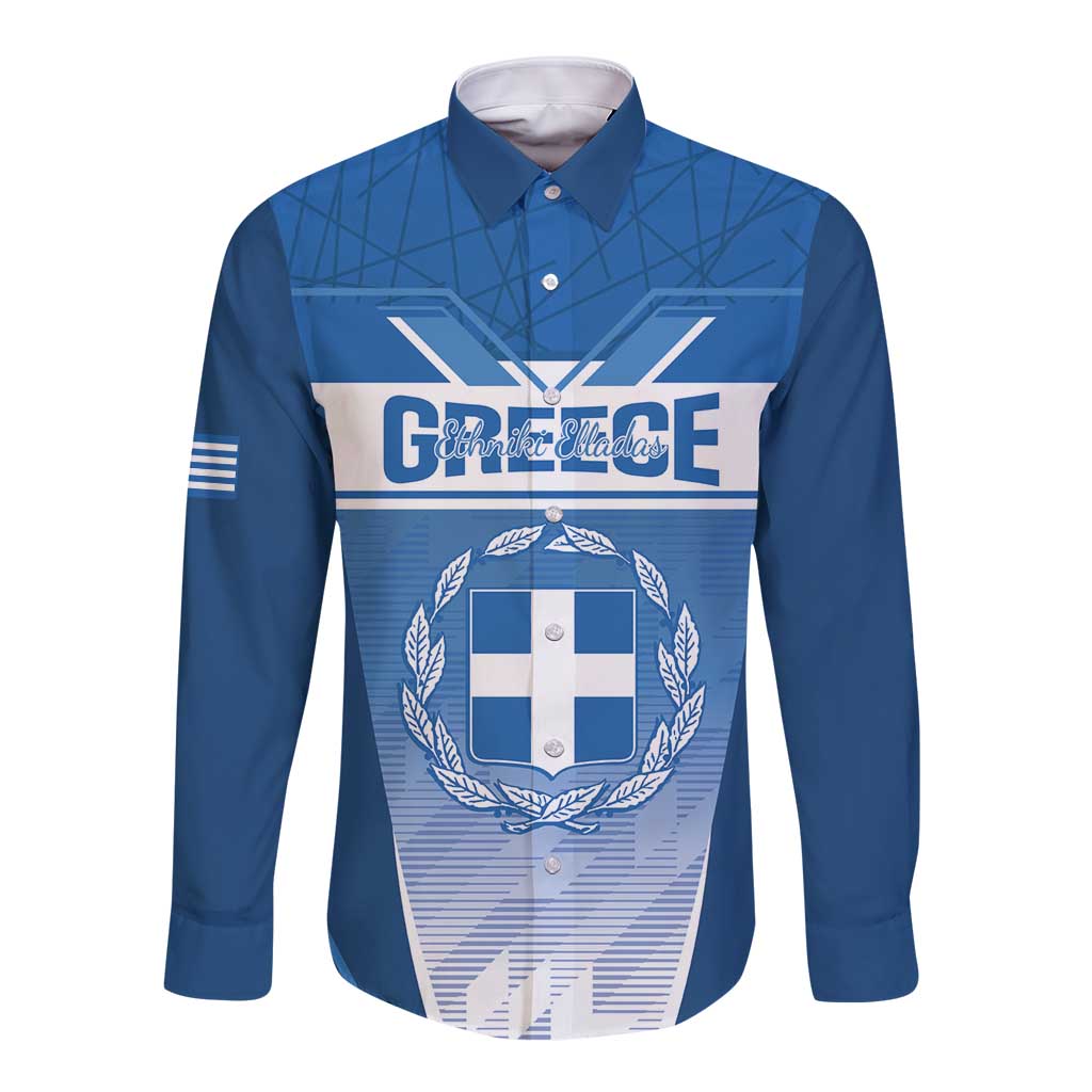 Custom Greece Football Long Sleeve Button Shirt Go Ethniki Coat Of Arms Style