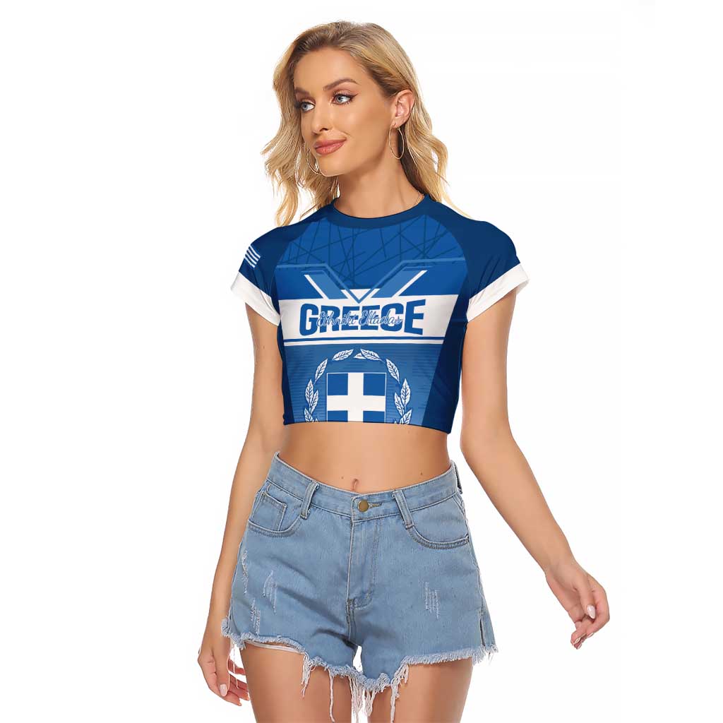 Custom Greece Football Raglan Cropped T Shirt Go Ethniki Coat Of Arms Style