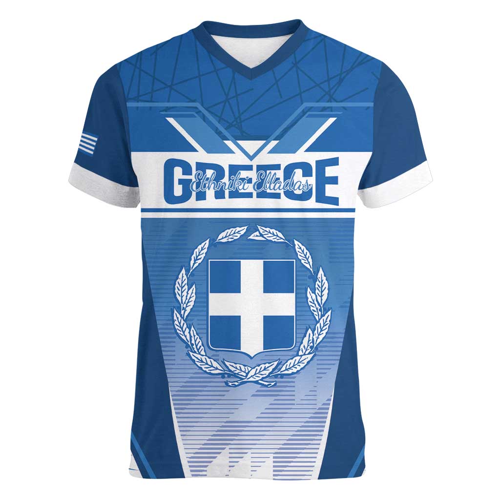 Custom Greece Football Women V-Neck T-Shirt Go Ethniki Coat Of Arms Style