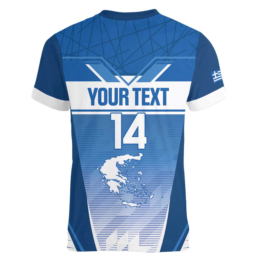 Custom Greece Football Women V-Neck T-Shirt Go Ethniki Coat Of Arms Style