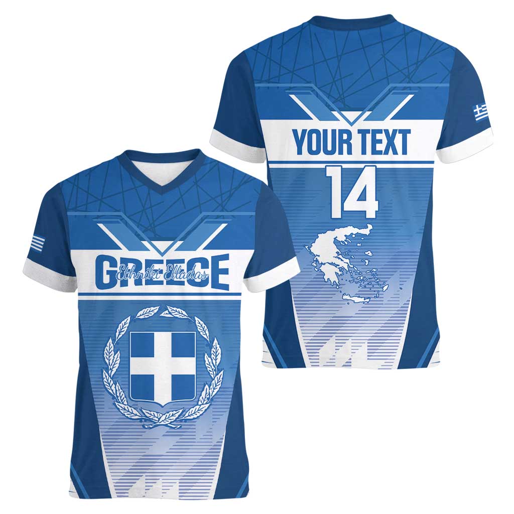 Custom Greece Football Women V-Neck T-Shirt Go Ethniki Coat Of Arms Style