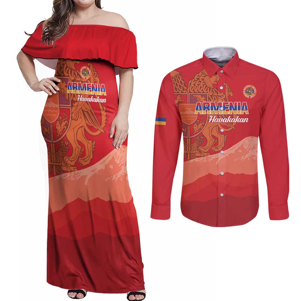 Custom Armenia Football Couples Matching Off Shoulder Maxi Dress and Long Sleeve Button Shirt Come On Havakakan