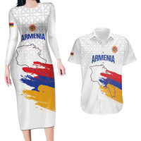 Custom Armenia Football Couples Matching Long Sleeve Bodycon Dress and Hawaiian Shirt Armenian Map Knot Pattern