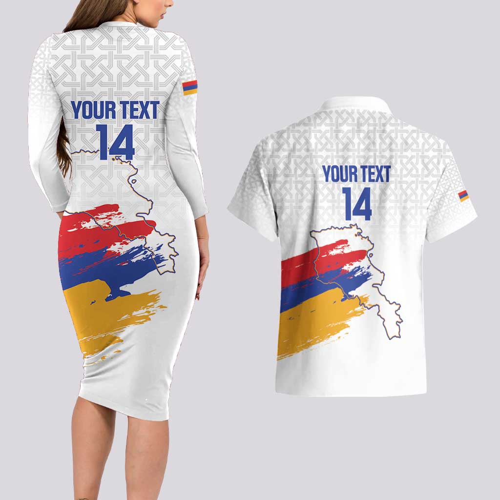 Custom Armenia Football Couples Matching Long Sleeve Bodycon Dress and Hawaiian Shirt Armenian Map Knot Pattern