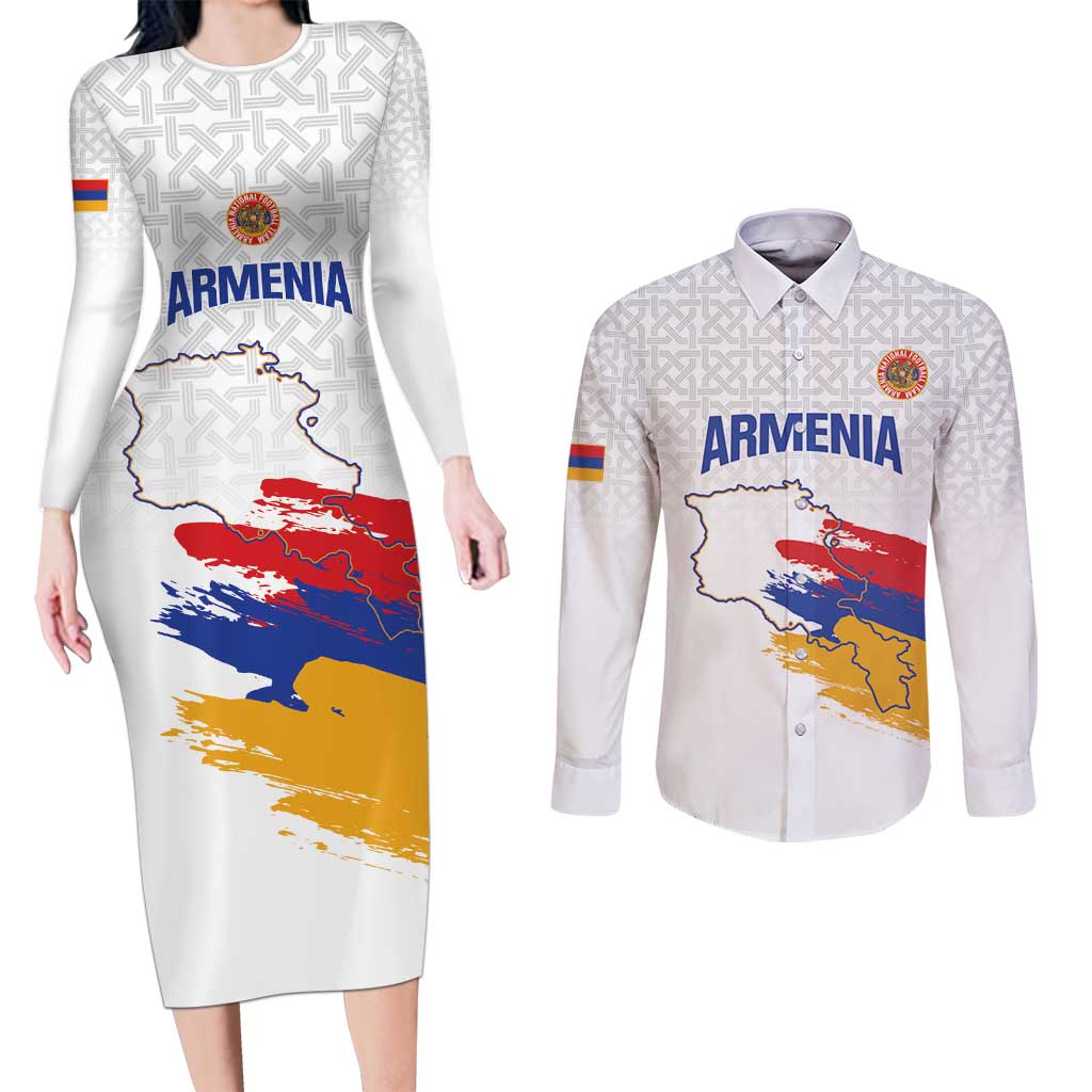 Custom Armenia Football Couples Matching Long Sleeve Bodycon Dress and Long Sleeve Button Shirt Armenian Map Knot Pattern