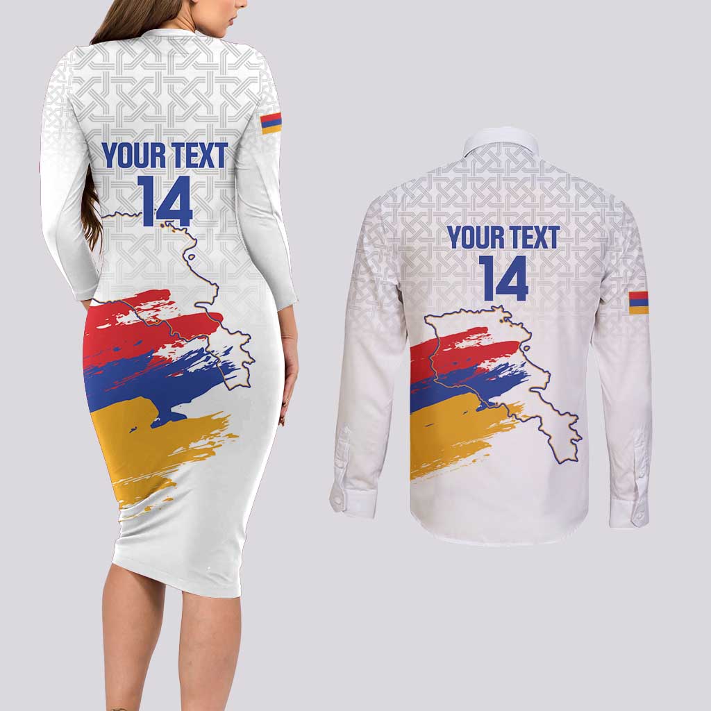 Custom Armenia Football Couples Matching Long Sleeve Bodycon Dress and Long Sleeve Button Shirt Armenian Map Knot Pattern
