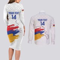 Custom Armenia Football Couples Matching Long Sleeve Bodycon Dress and Long Sleeve Button Shirt Armenian Map Knot Pattern