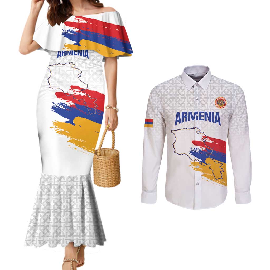Custom Armenia Football Couples Matching Mermaid Dress and Long Sleeve Button Shirt Armenian Map Knot Pattern