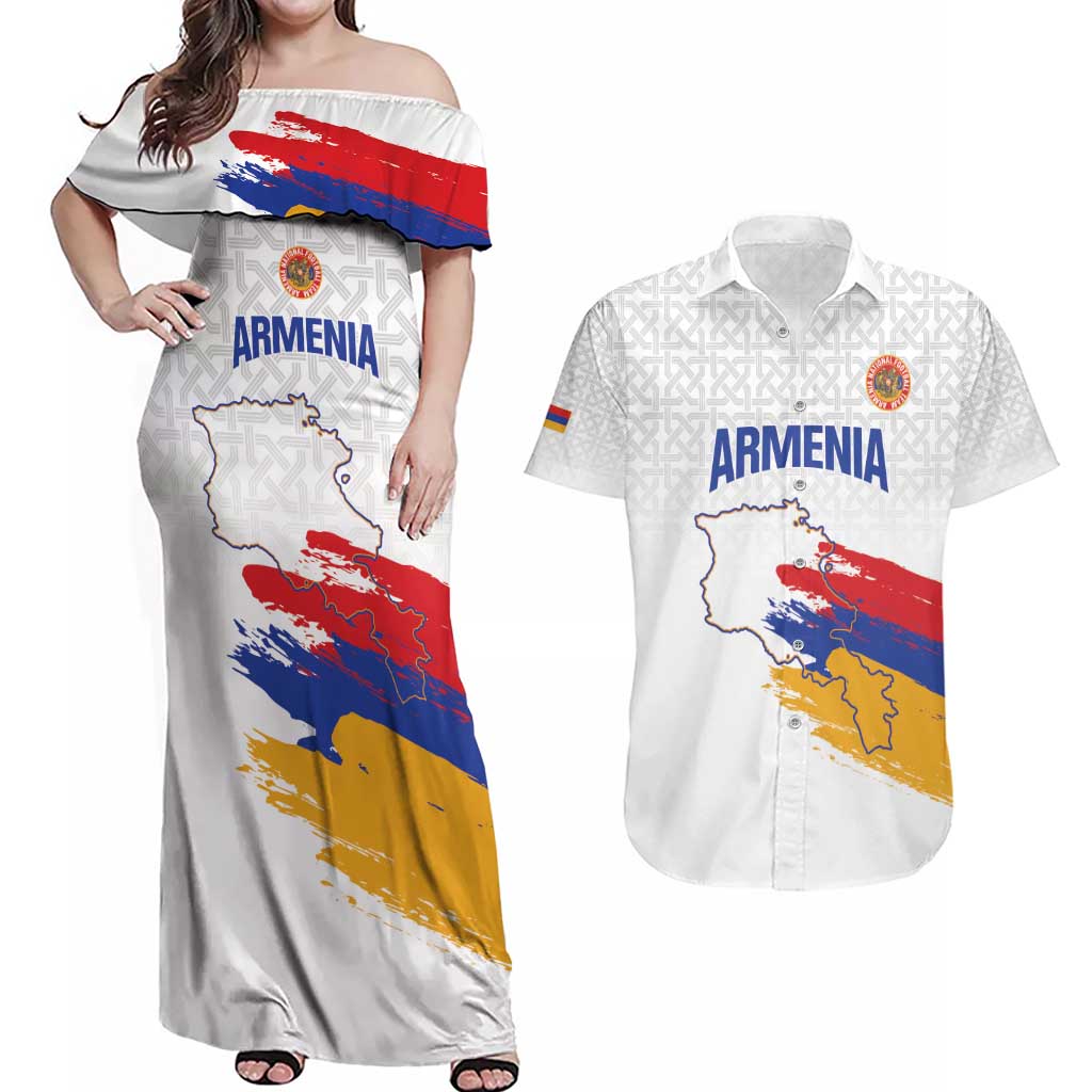 Custom Armenia Football Couples Matching Off Shoulder Maxi Dress and Hawaiian Shirt Armenian Map Knot Pattern