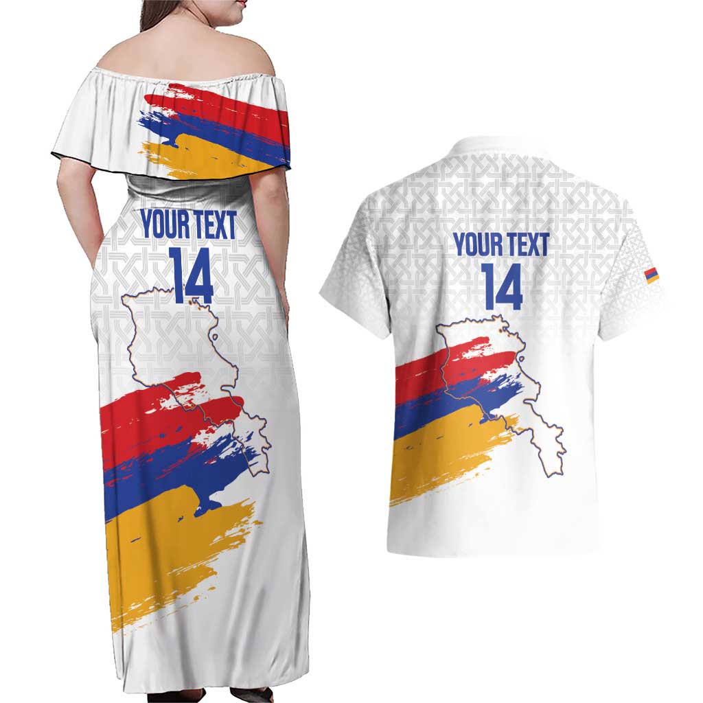 Custom Armenia Football Couples Matching Off Shoulder Maxi Dress and Hawaiian Shirt Armenian Map Knot Pattern