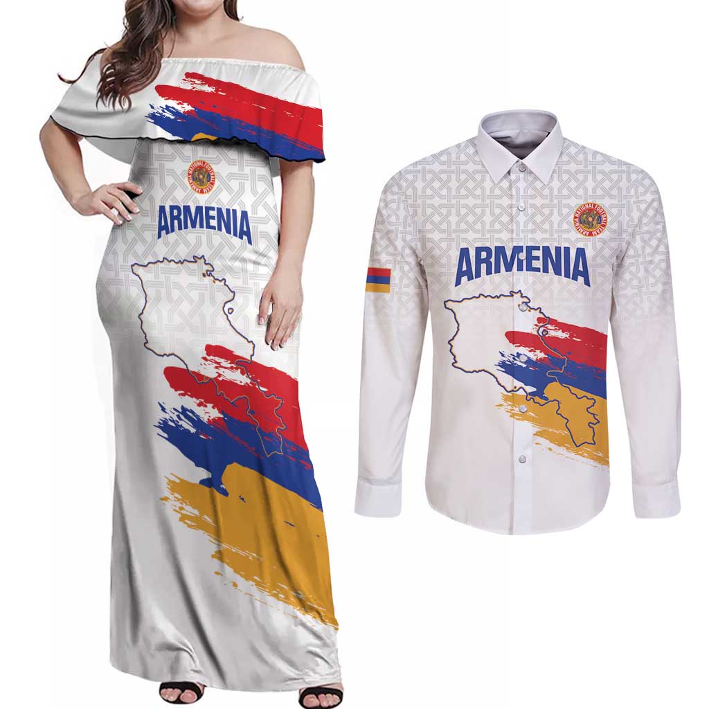 Custom Armenia Football Couples Matching Off Shoulder Maxi Dress and Long Sleeve Button Shirt Armenian Map Knot Pattern