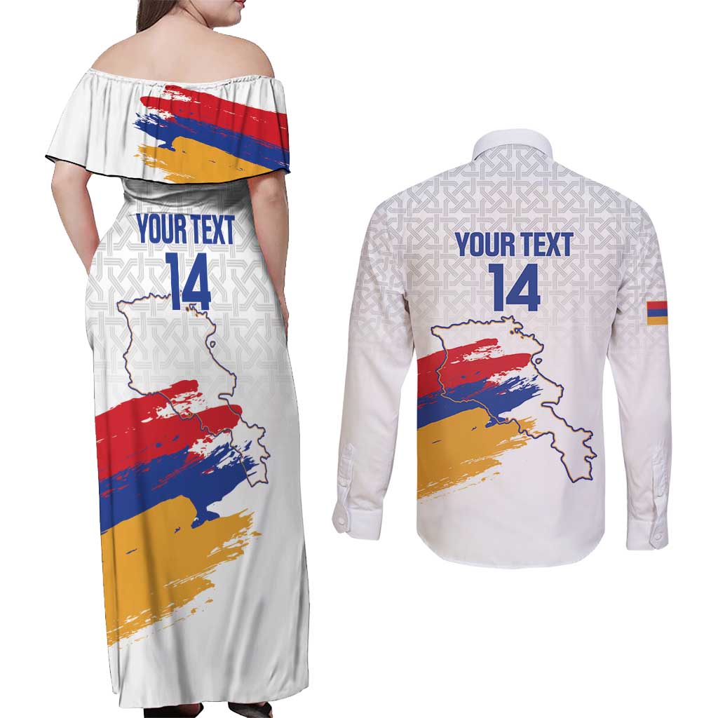 Custom Armenia Football Couples Matching Off Shoulder Maxi Dress and Long Sleeve Button Shirt Armenian Map Knot Pattern
