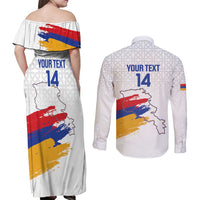 Custom Armenia Football Couples Matching Off Shoulder Maxi Dress and Long Sleeve Button Shirt Armenian Map Knot Pattern