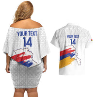 Custom Armenia Football Couples Matching Off Shoulder Short Dress and Hawaiian Shirt Armenian Map Knot Pattern