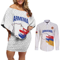 Custom Armenia Football Couples Matching Off Shoulder Short Dress and Long Sleeve Button Shirt Armenian Map Knot Pattern