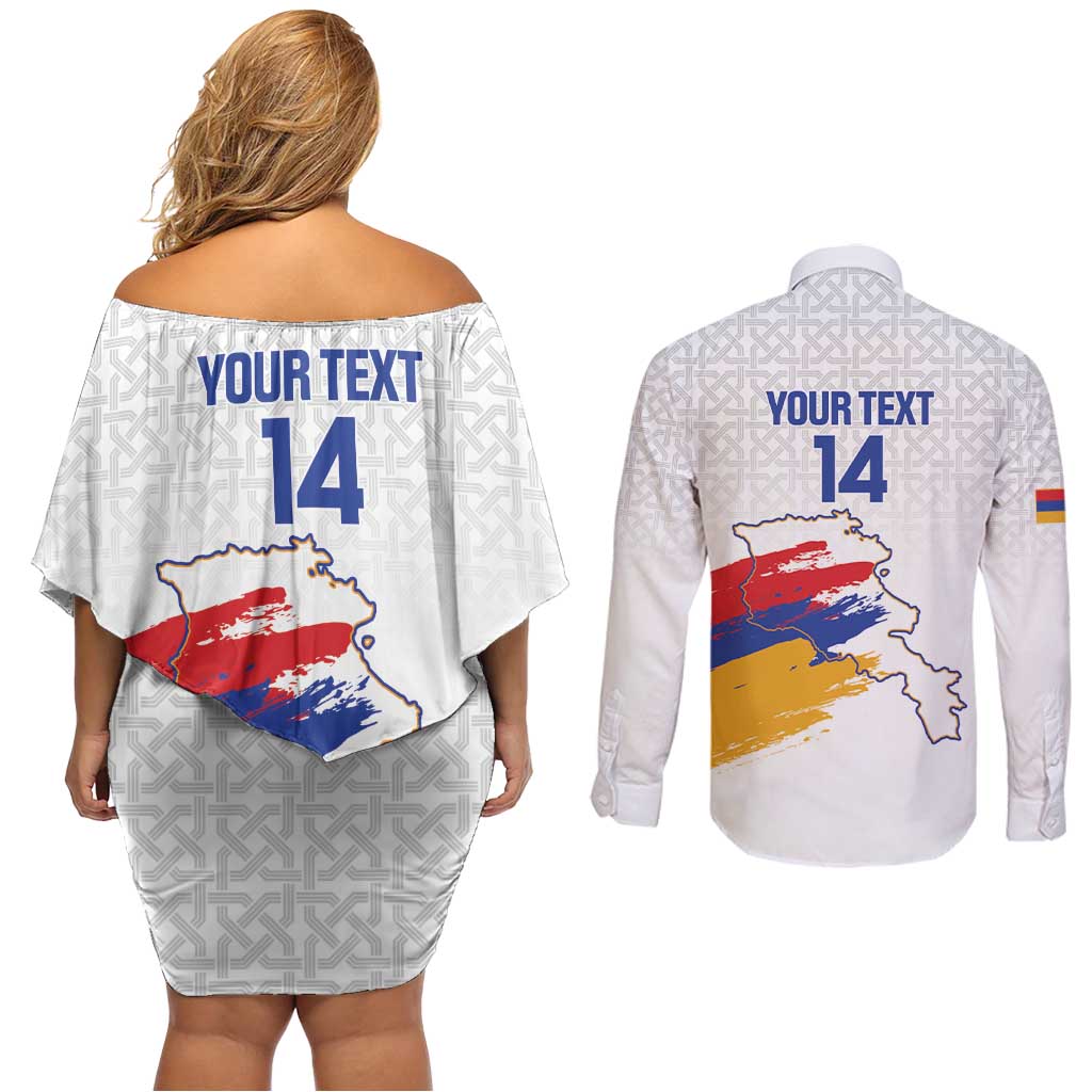 Custom Armenia Football Couples Matching Off Shoulder Short Dress and Long Sleeve Button Shirt Armenian Map Knot Pattern