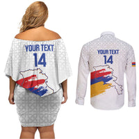 Custom Armenia Football Couples Matching Off Shoulder Short Dress and Long Sleeve Button Shirt Armenian Map Knot Pattern