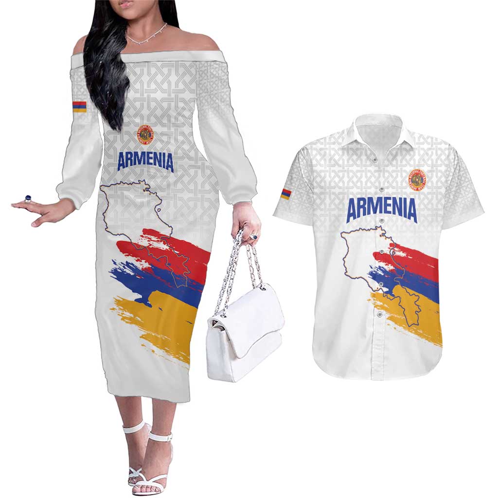 Custom Armenia Football Couples Matching Off The Shoulder Long Sleeve Dress and Hawaiian Shirt Armenian Map Knot Pattern