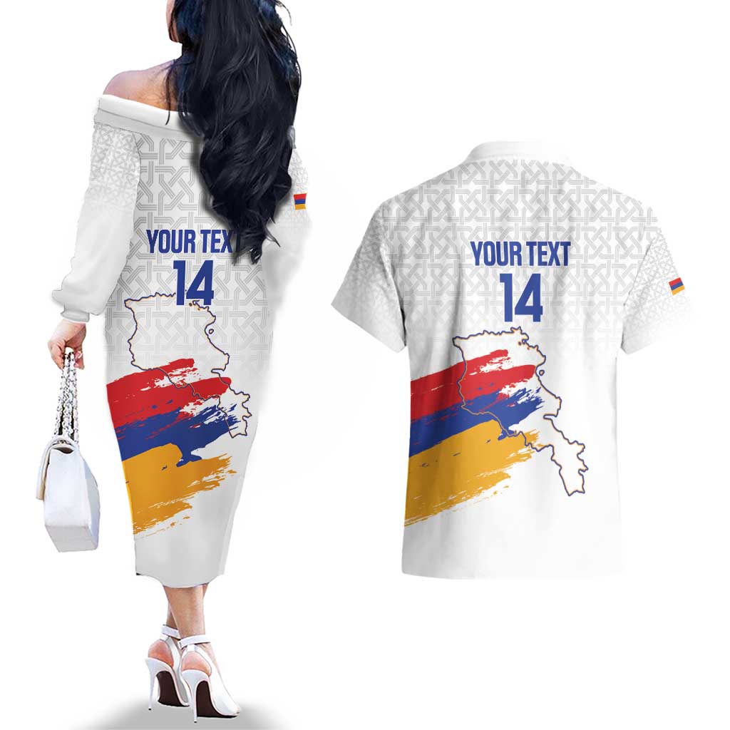 Custom Armenia Football Couples Matching Off The Shoulder Long Sleeve Dress and Hawaiian Shirt Armenian Map Knot Pattern