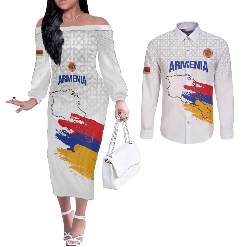 Custom Armenia Football Couples Matching Off The Shoulder Long Sleeve Dress and Long Sleeve Button Shirt Armenian Map Knot Pattern