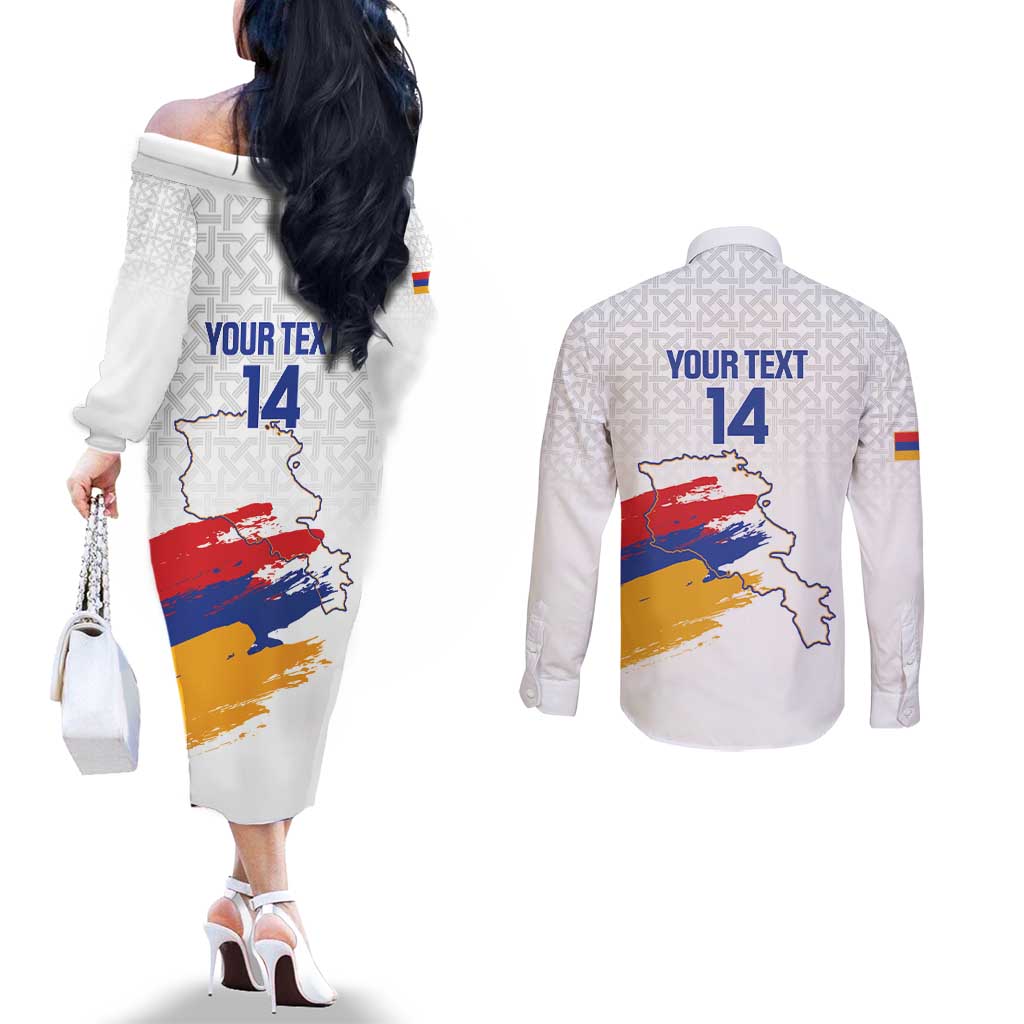 Custom Armenia Football Couples Matching Off The Shoulder Long Sleeve Dress and Long Sleeve Button Shirt Armenian Map Knot Pattern