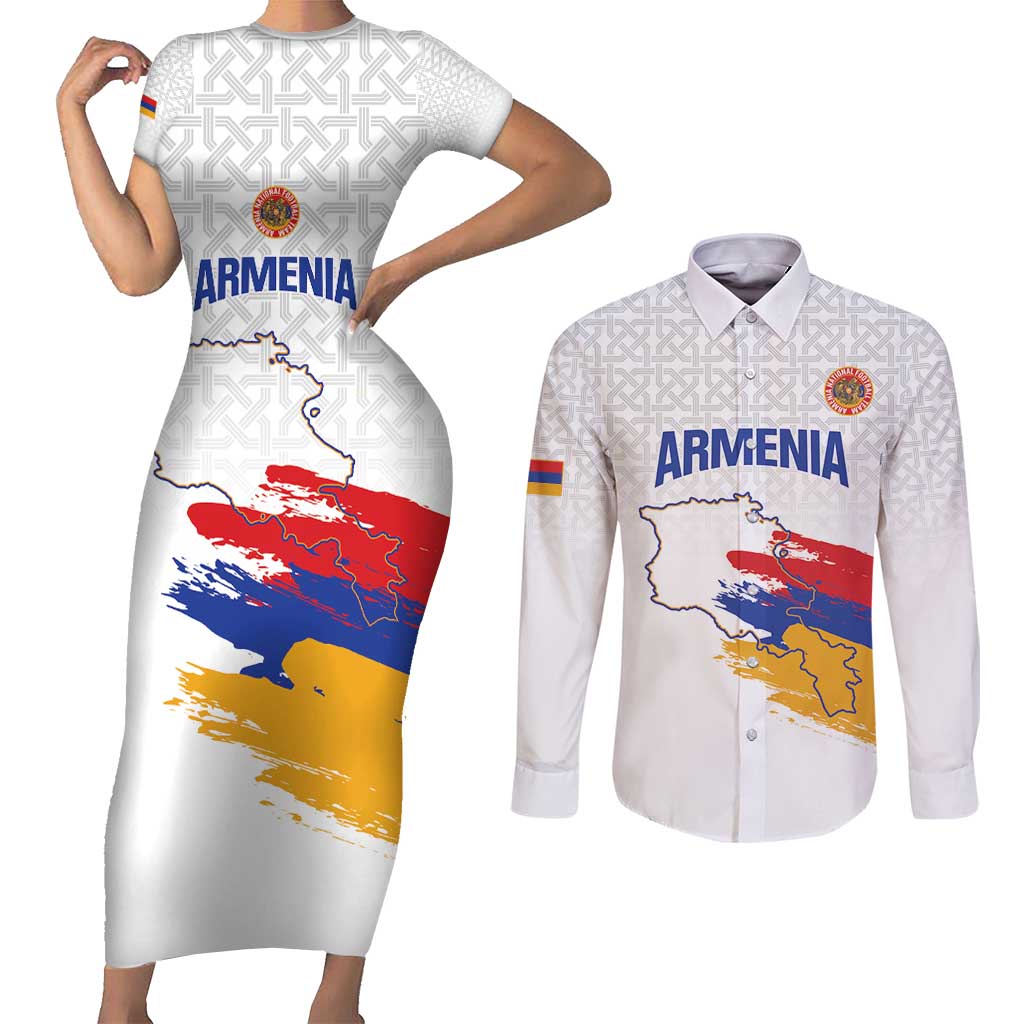 Custom Armenia Football Couples Matching Short Sleeve Bodycon Dress and Long Sleeve Button Shirt Armenian Map Knot Pattern
