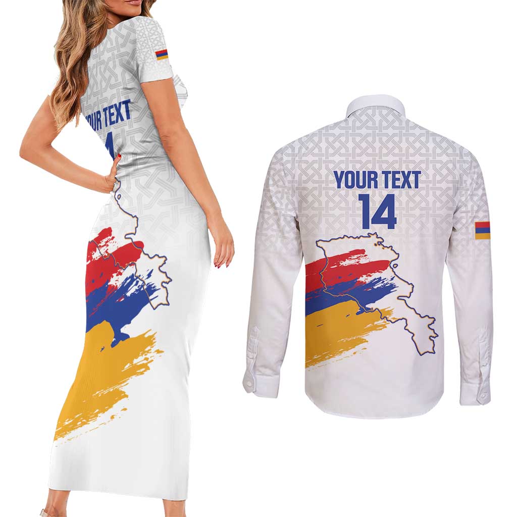 Custom Armenia Football Couples Matching Short Sleeve Bodycon Dress and Long Sleeve Button Shirt Armenian Map Knot Pattern