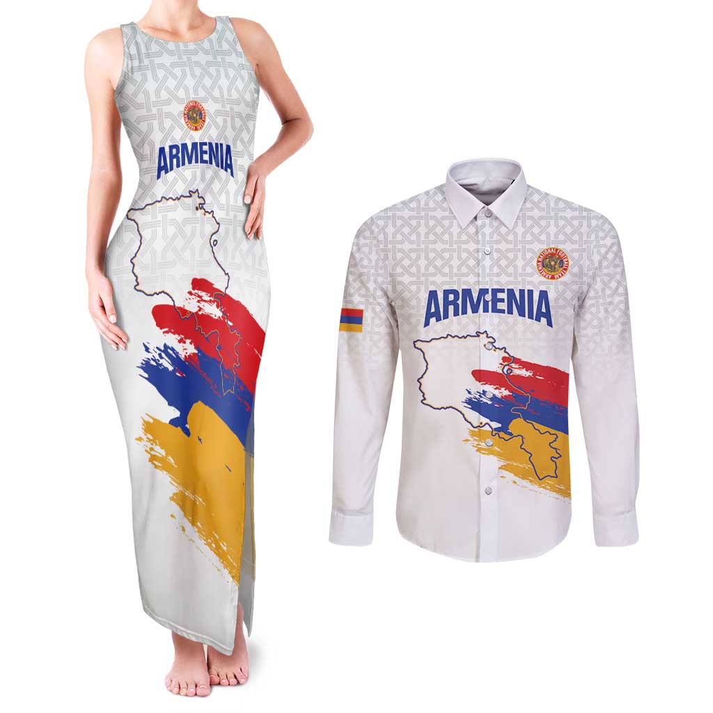Custom Armenia Football Couples Matching Tank Maxi Dress and Long Sleeve Button Shirt Armenian Map Knot Pattern