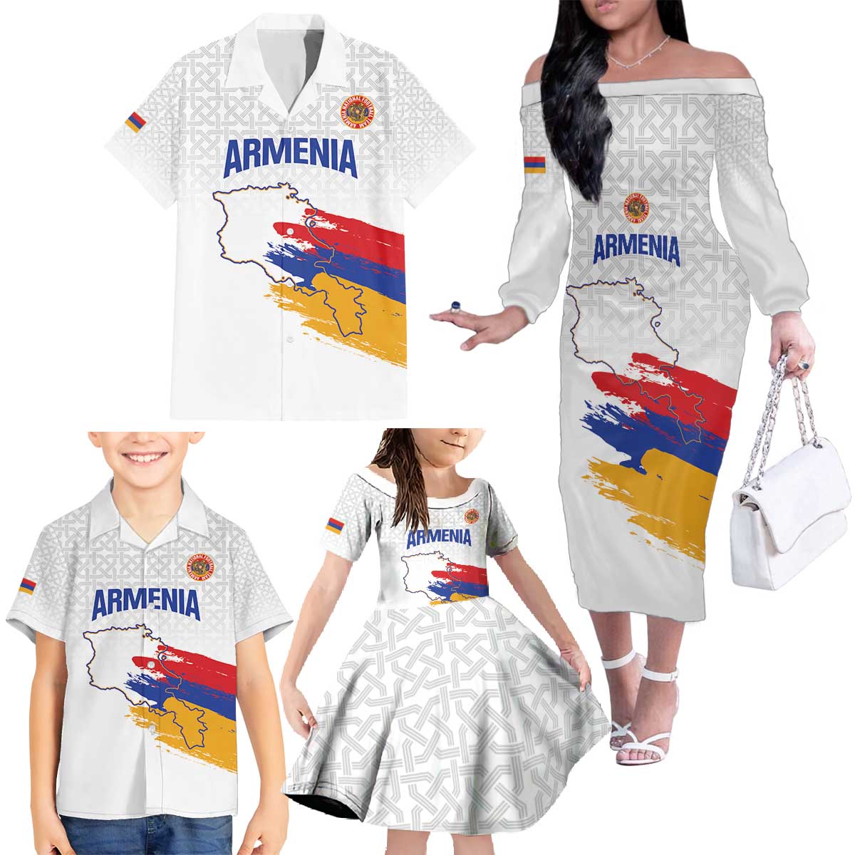 Custom Armenia Football Family Matching Off The Shoulder Long Sleeve Dress and Hawaiian Shirt Armenian Map Knot Pattern