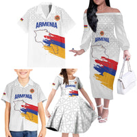 Custom Armenia Football Family Matching Off The Shoulder Long Sleeve Dress and Hawaiian Shirt Armenian Map Knot Pattern