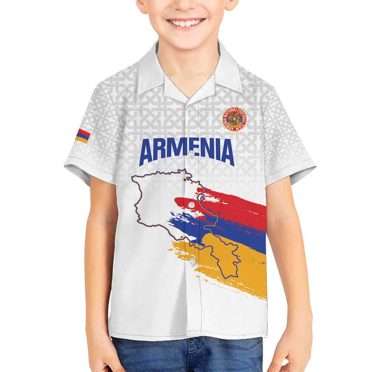 Custom Armenia Football Family Matching Off The Shoulder Long Sleeve Dress and Hawaiian Shirt Armenian Map Knot Pattern