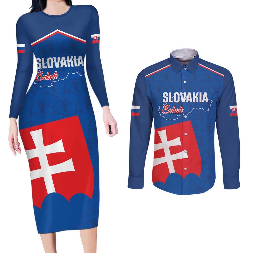 Custom Slovakia Football Couples Matching Long Sleeve Bodycon Dress and Long Sleeve Button Shirt Come On Sokoli Falcon Pattern