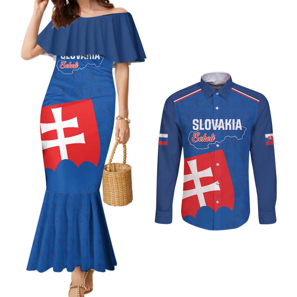 Custom Slovakia Football Couples Matching Mermaid Dress and Long Sleeve Button Shirt Come On Sokoli Falcon Pattern