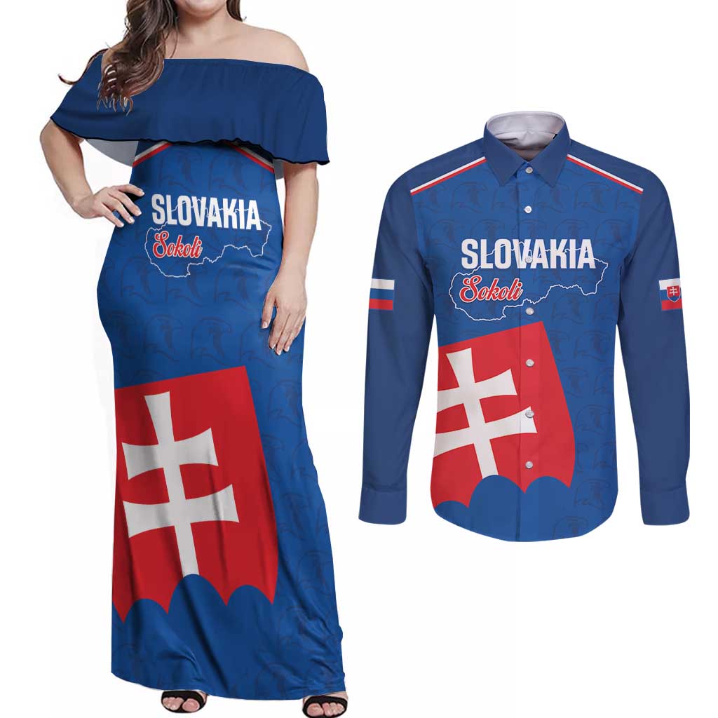 Custom Slovakia Football Couples Matching Off Shoulder Maxi Dress and Long Sleeve Button Shirt Come On Sokoli Falcon Pattern