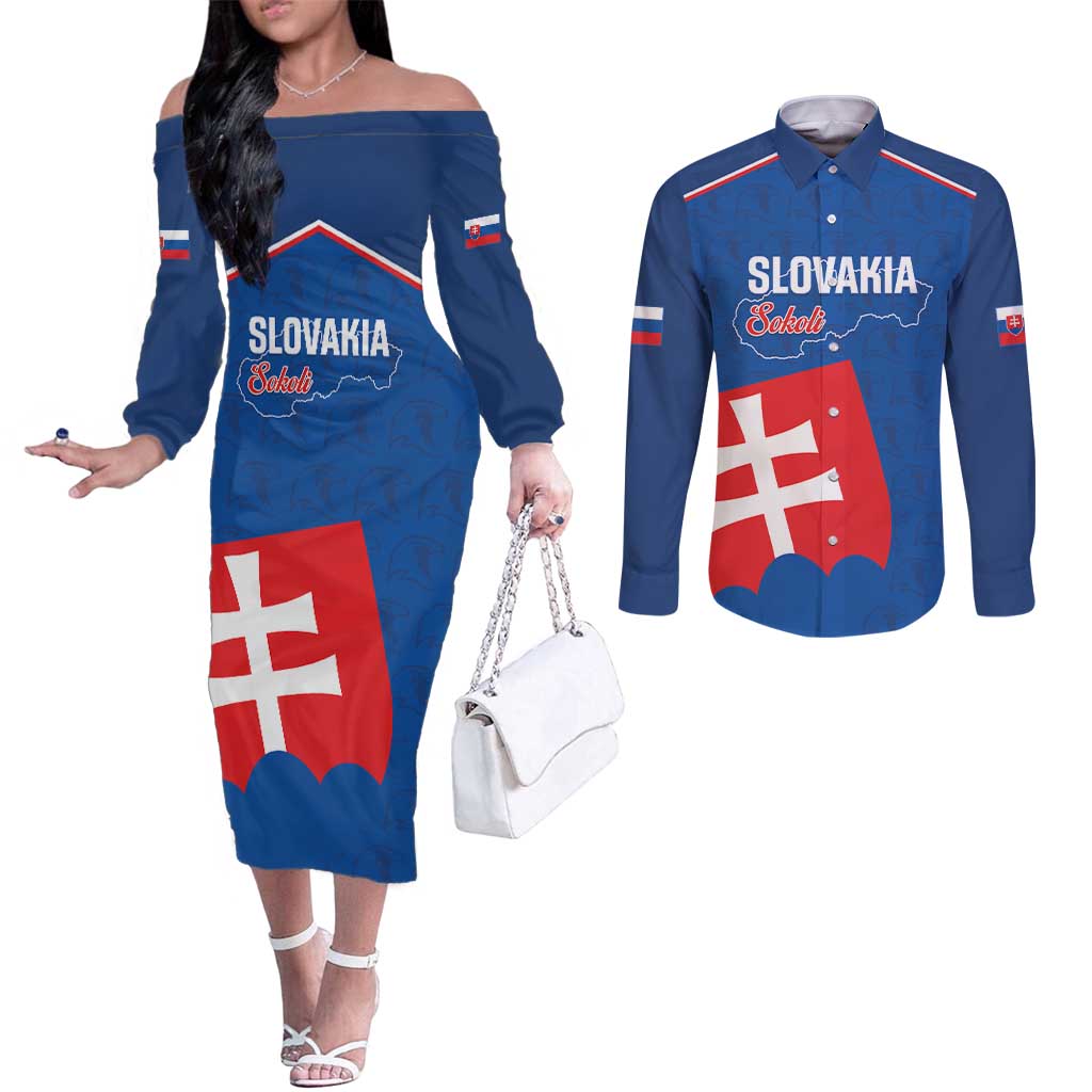 Custom Slovakia Football Couples Matching Off The Shoulder Long Sleeve Dress and Long Sleeve Button Shirt Come On Sokoli Falcon Pattern