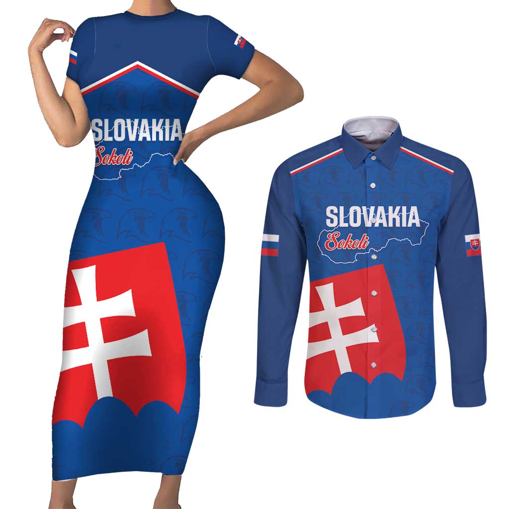 Custom Slovakia Football Couples Matching Short Sleeve Bodycon Dress and Long Sleeve Button Shirt Come On Sokoli Falcon Pattern