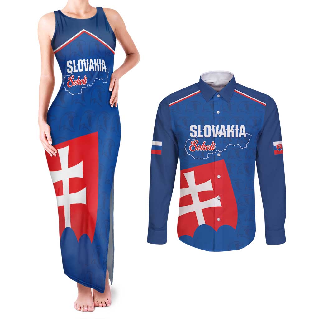 Custom Slovakia Football Couples Matching Tank Maxi Dress and Long Sleeve Button Shirt Come On Sokoli Falcon Pattern