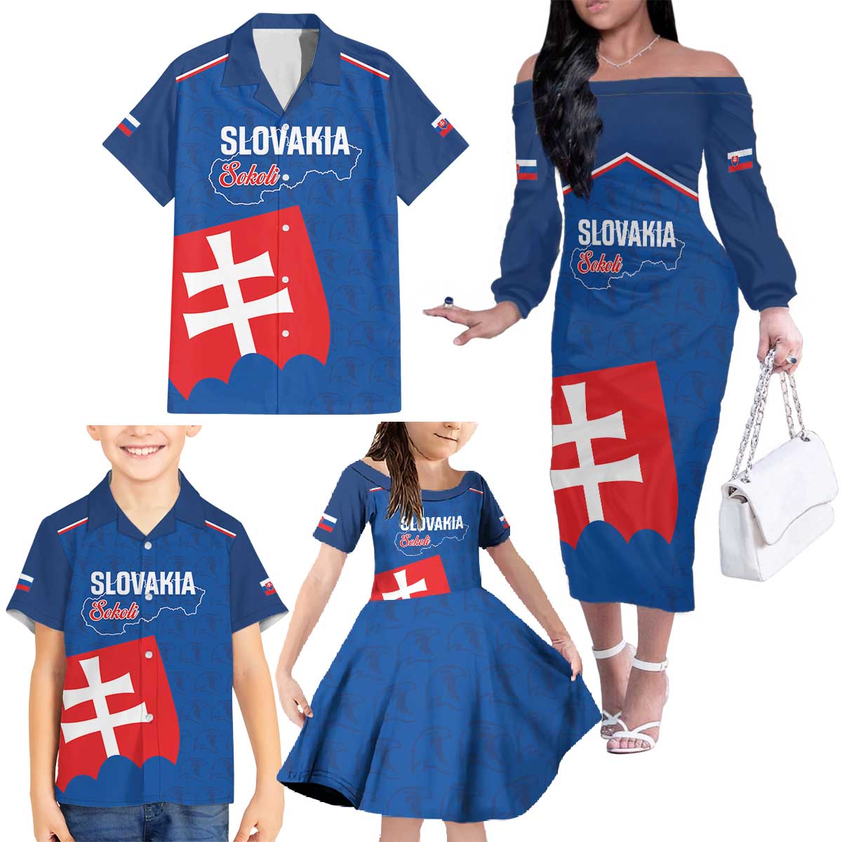 Custom Slovakia Football Family Matching Off The Shoulder Long Sleeve Dress and Hawaiian Shirt Come On Sokoli Falcon Pattern