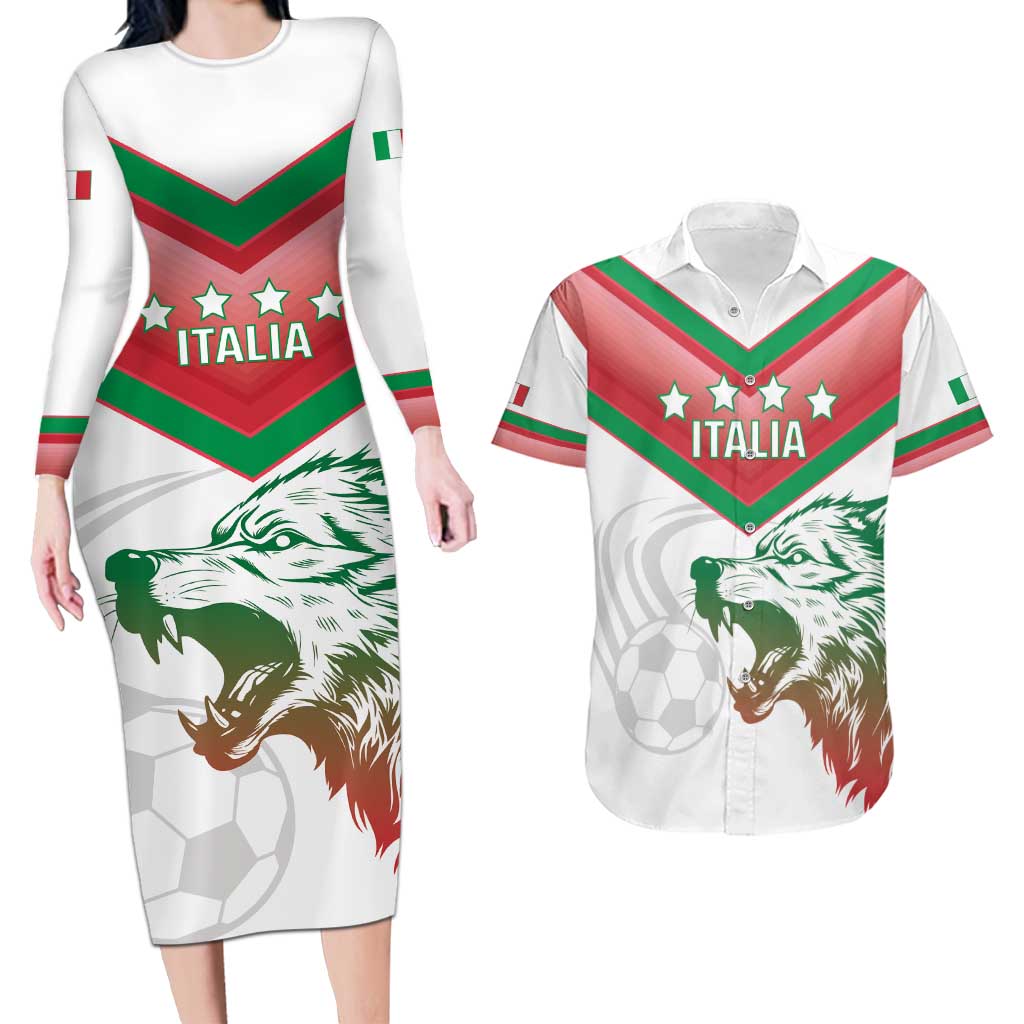 Custom Italy Football Couples Matching Long Sleeve Bodycon Dress and Hawaiian Shirt Go Gli Azzurri Italian Wolf