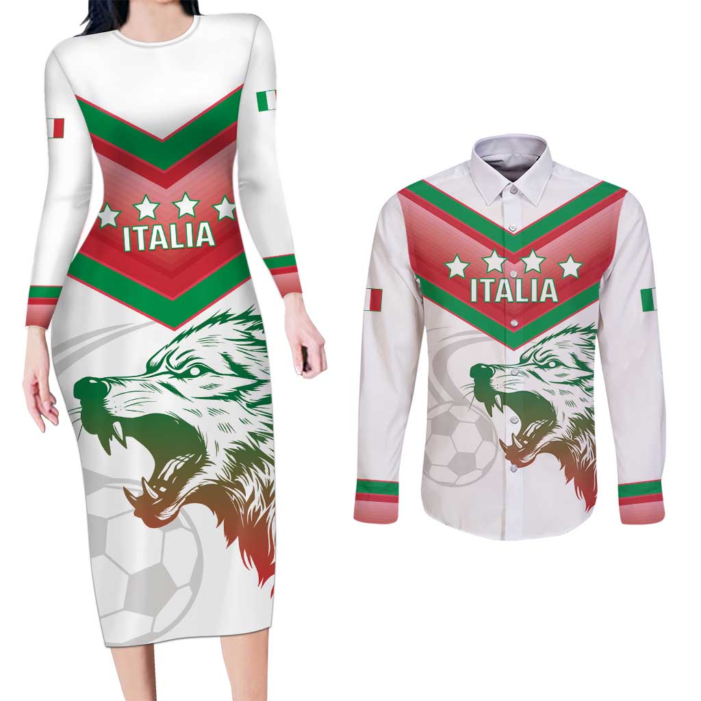 Custom Italy Football Couples Matching Long Sleeve Bodycon Dress and Long Sleeve Button Shirt Go Gli Azzurri Italian Wolf