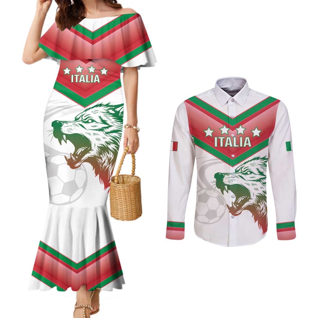 Custom Italy Football Couples Matching Mermaid Dress and Long Sleeve Button Shirt Go Gli Azzurri Italian Wolf