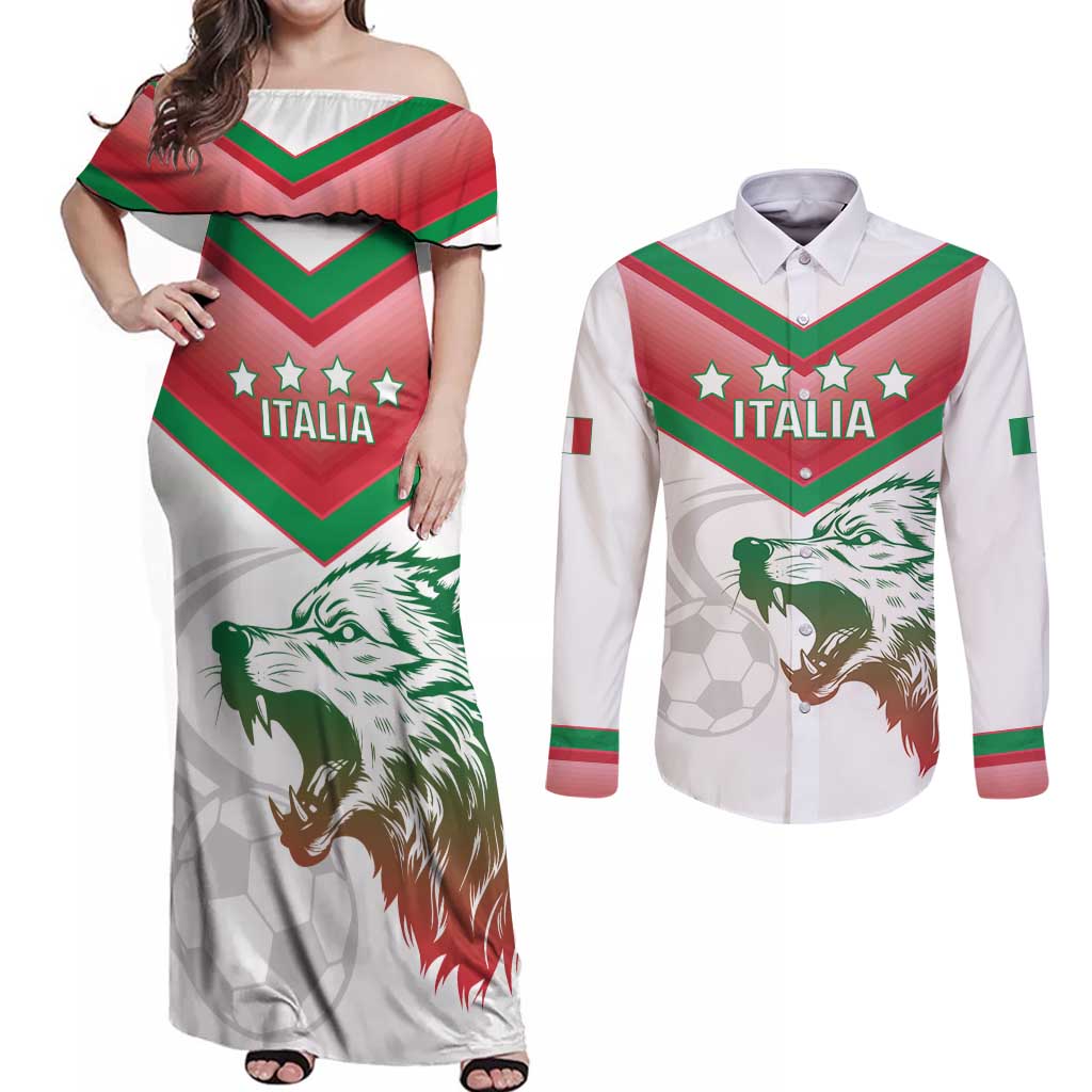 Custom Italy Football Couples Matching Off Shoulder Maxi Dress and Long Sleeve Button Shirt Go Gli Azzurri Italian Wolf