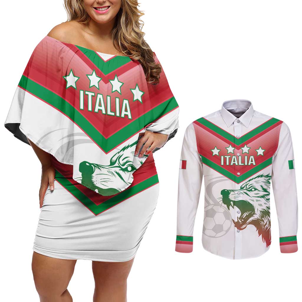 Custom Italy Football Couples Matching Off Shoulder Short Dress and Long Sleeve Button Shirt Go Gli Azzurri Italian Wolf
