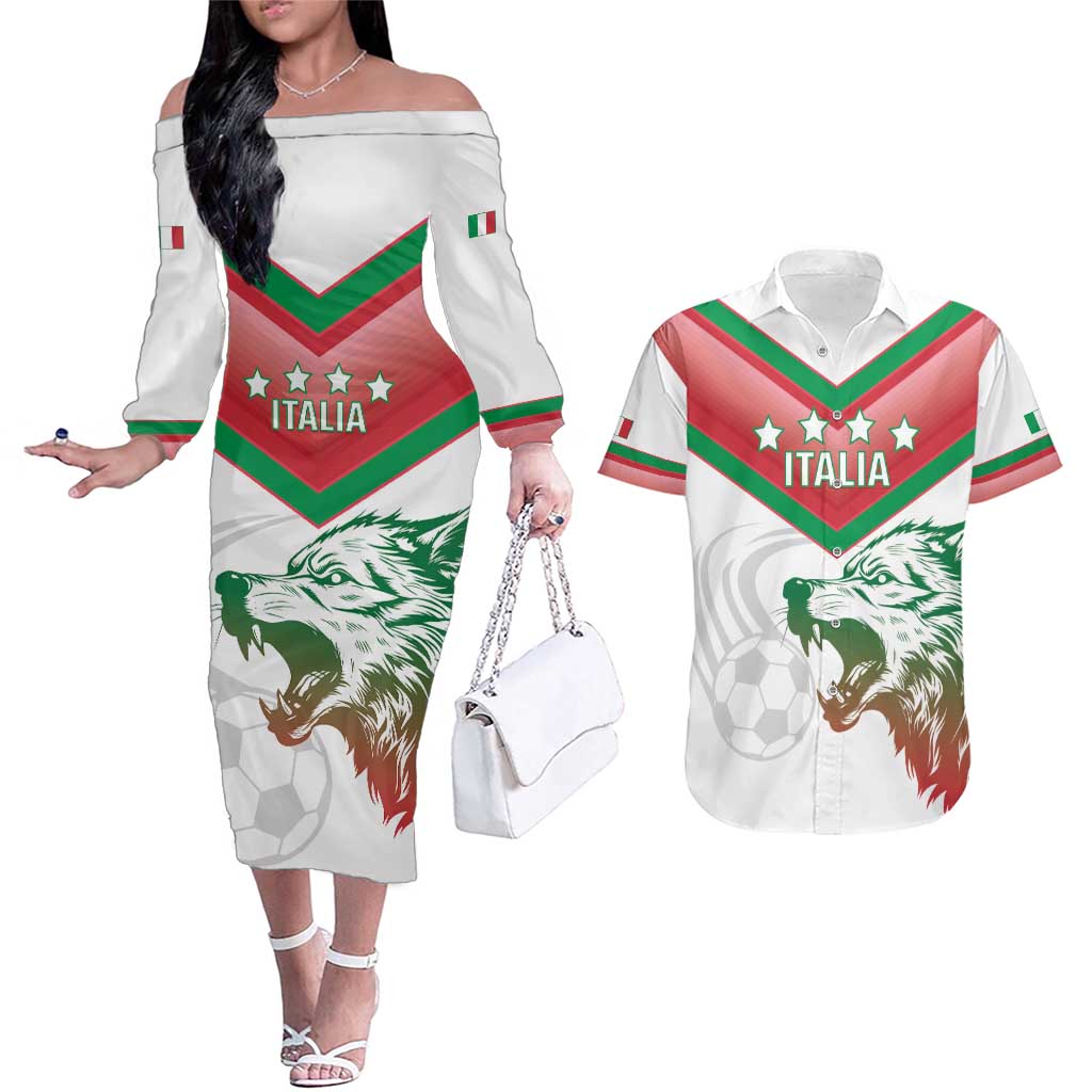 Custom Italy Football Couples Matching Off The Shoulder Long Sleeve Dress and Hawaiian Shirt Go Gli Azzurri Italian Wolf