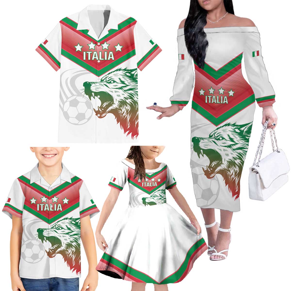 Custom Italy Football Family Matching Off The Shoulder Long Sleeve Dress and Hawaiian Shirt Go Gli Azzurri Italian Wolf