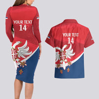 Custom Serbia Football Couples Matching Long Sleeve Bodycon Dress and Hawaiian Shirt Come On Ealges Coat Of Arms Style