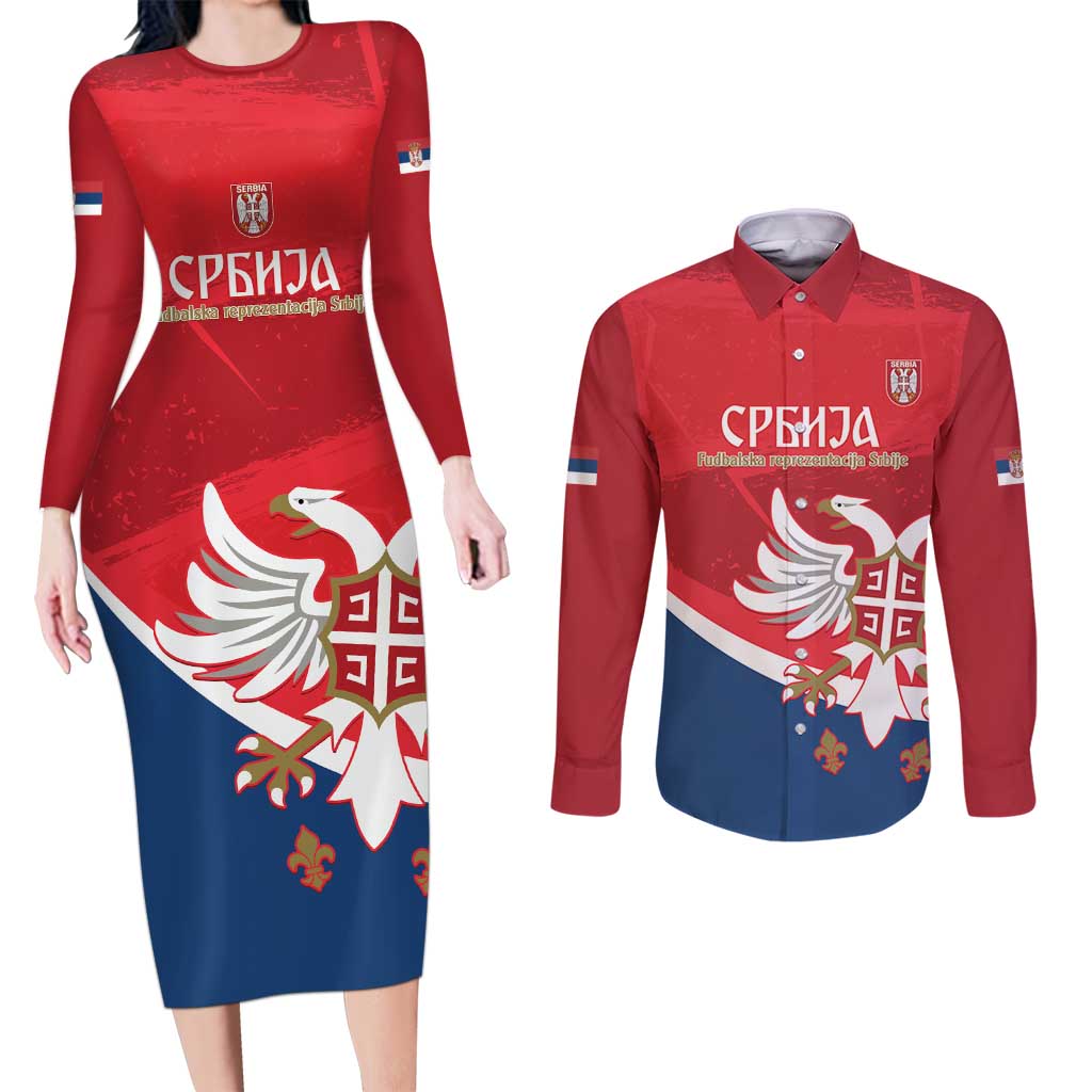 Custom Serbia Football Couples Matching Long Sleeve Bodycon Dress and Long Sleeve Button Shirt Come On Ealges Coat Of Arms Style