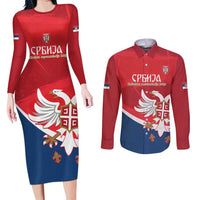 Custom Serbia Football Couples Matching Long Sleeve Bodycon Dress and Long Sleeve Button Shirt Come On Ealges Coat Of Arms Style