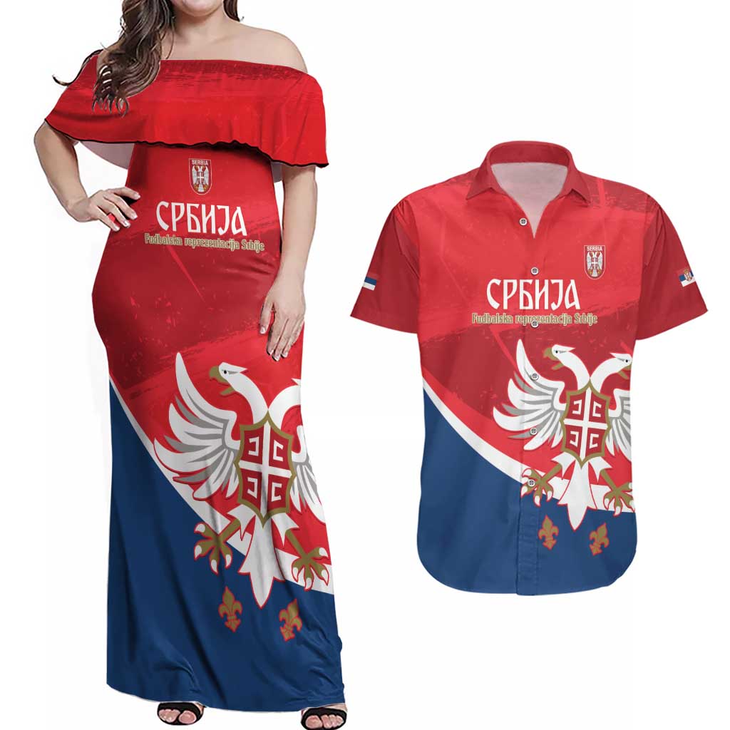Custom Serbia Football Couples Matching Off Shoulder Maxi Dress and Hawaiian Shirt Come On Ealges Coat Of Arms Style
